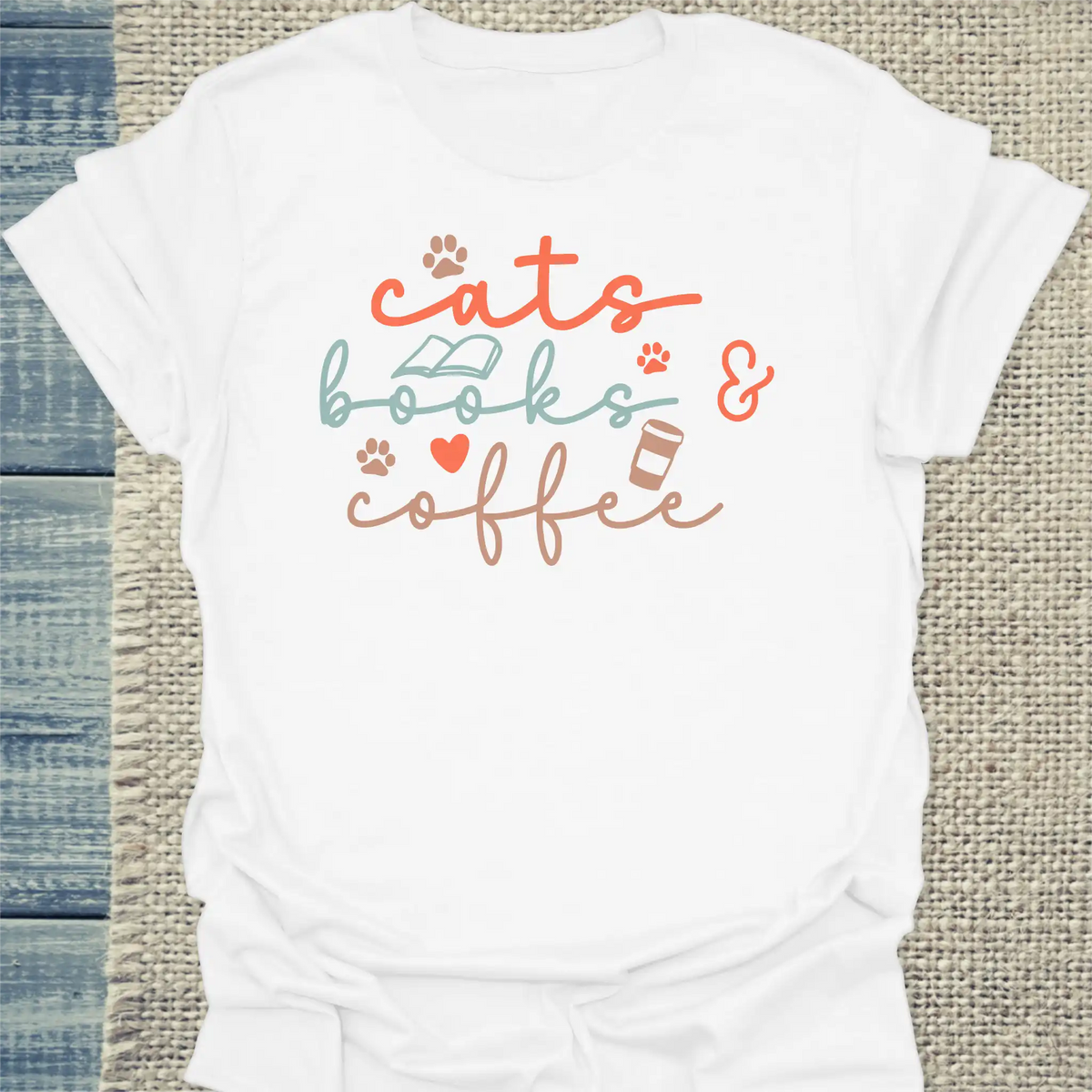 T-Shirt - cats, books & coffee - Unisex - Katze, Kaffee Weiß