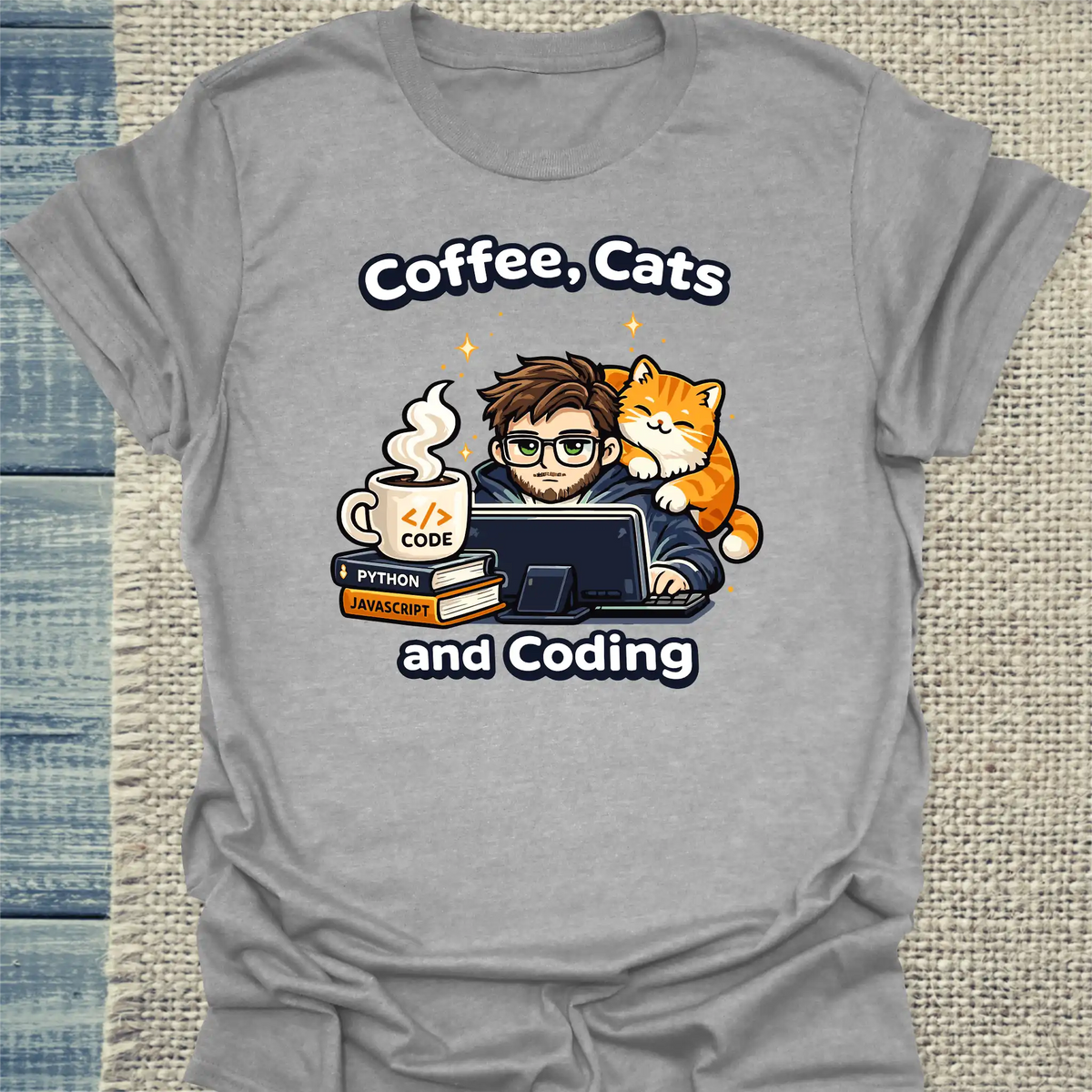 T-Shirt - Coffee, Cats and Coding - Unisex - Katze & Kaffee, Cat Guy Grau