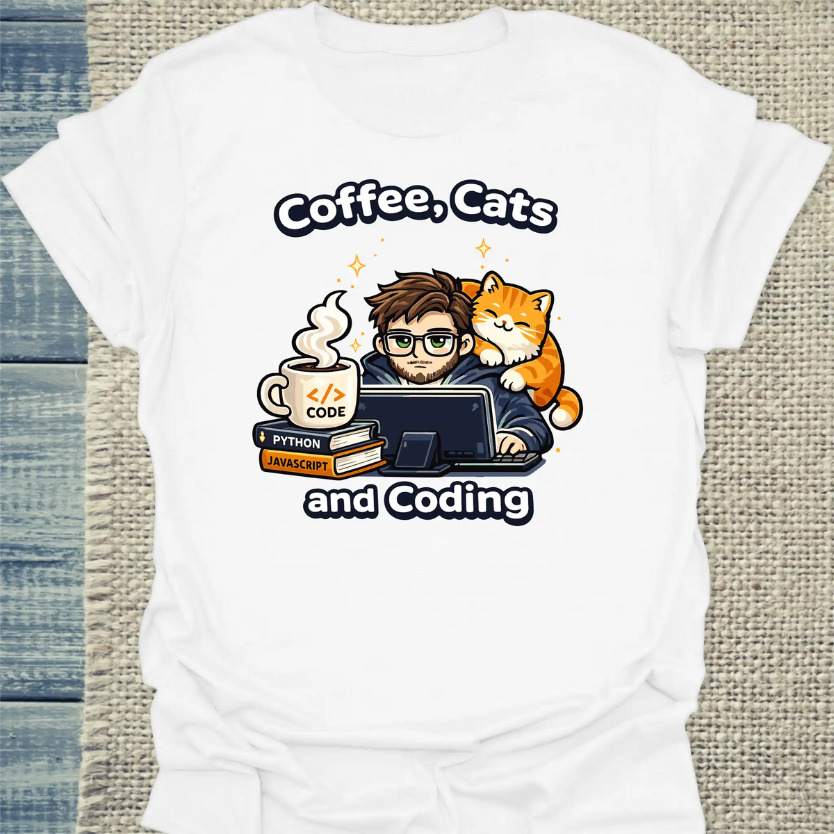 T-Shirt - Coffee, Cats and Coding - Unisex - Katze & Kaffee, Cat Guy Weiß