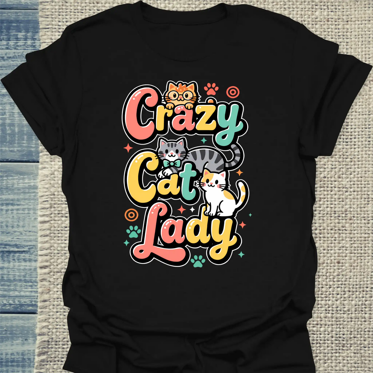 T-Shirt - Crazy Cat Lady - farbenfroh - Unisex - Katze, Cat Lady Schwarz
