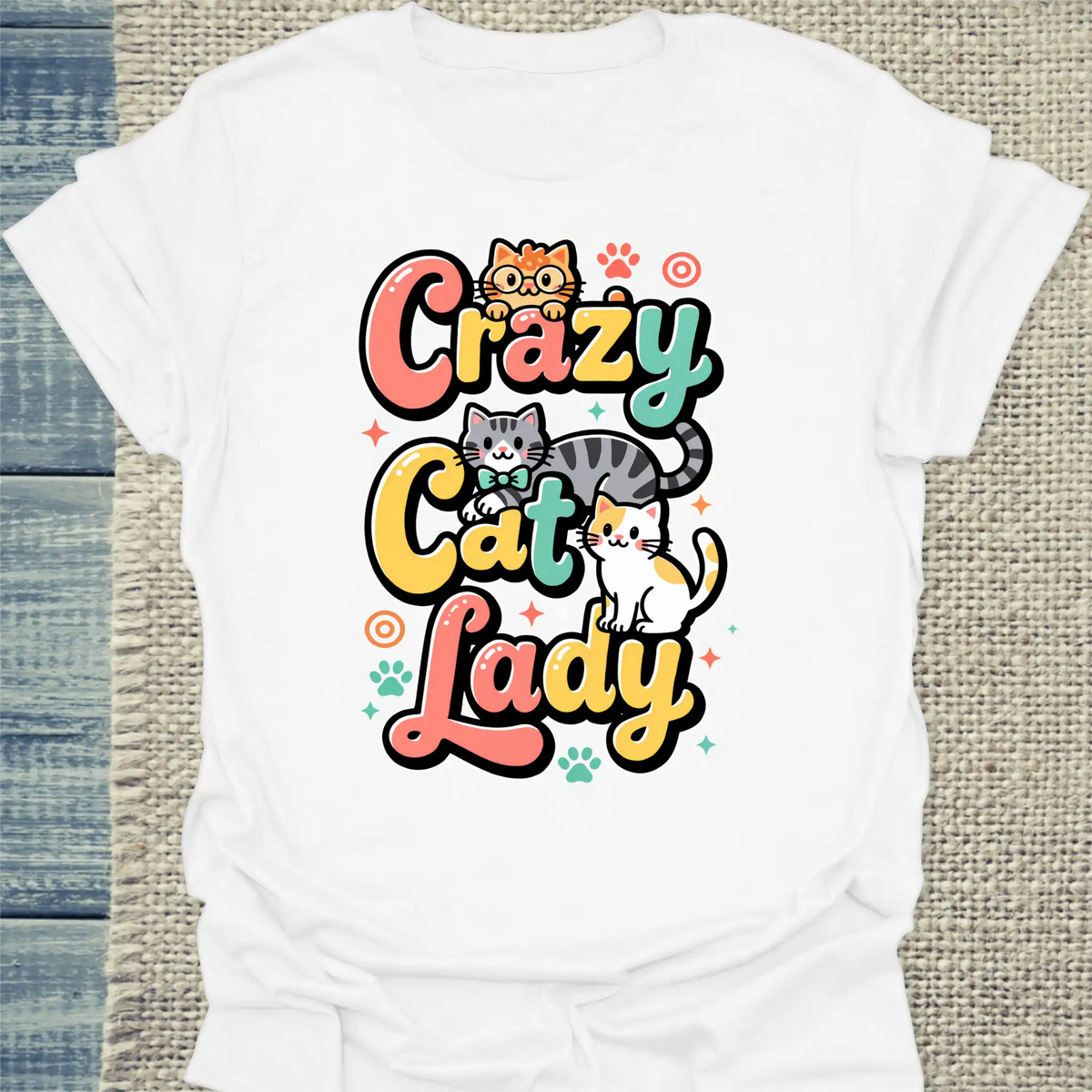 T-Shirt - Crazy Cat Lady - farbenfroh - Unisex - Katze, Cat Lady Weiß