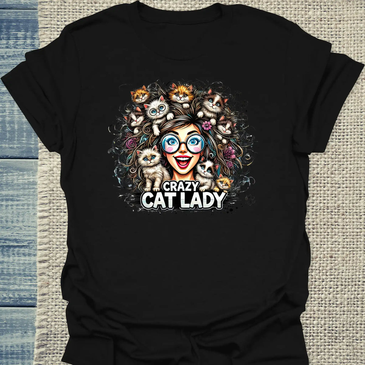 T-Shirt - Crazy Cat Laydy - bunt - Unisex - Kaffee, Cat Lady Schwarz