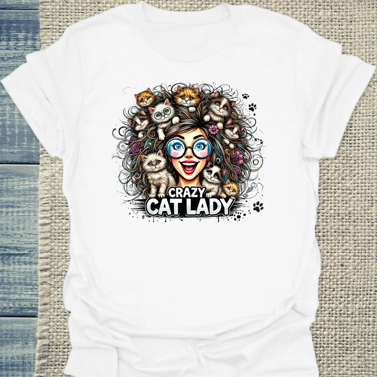 T-Shirt - Crazy Cat Laydy - bunt - Unisex - Kaffee, Cat Lady Weiß
