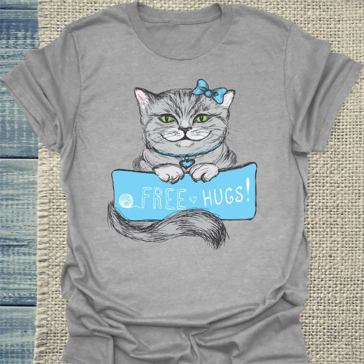 T-Shirt - Free Hugs - Unisex - Katze Grau
