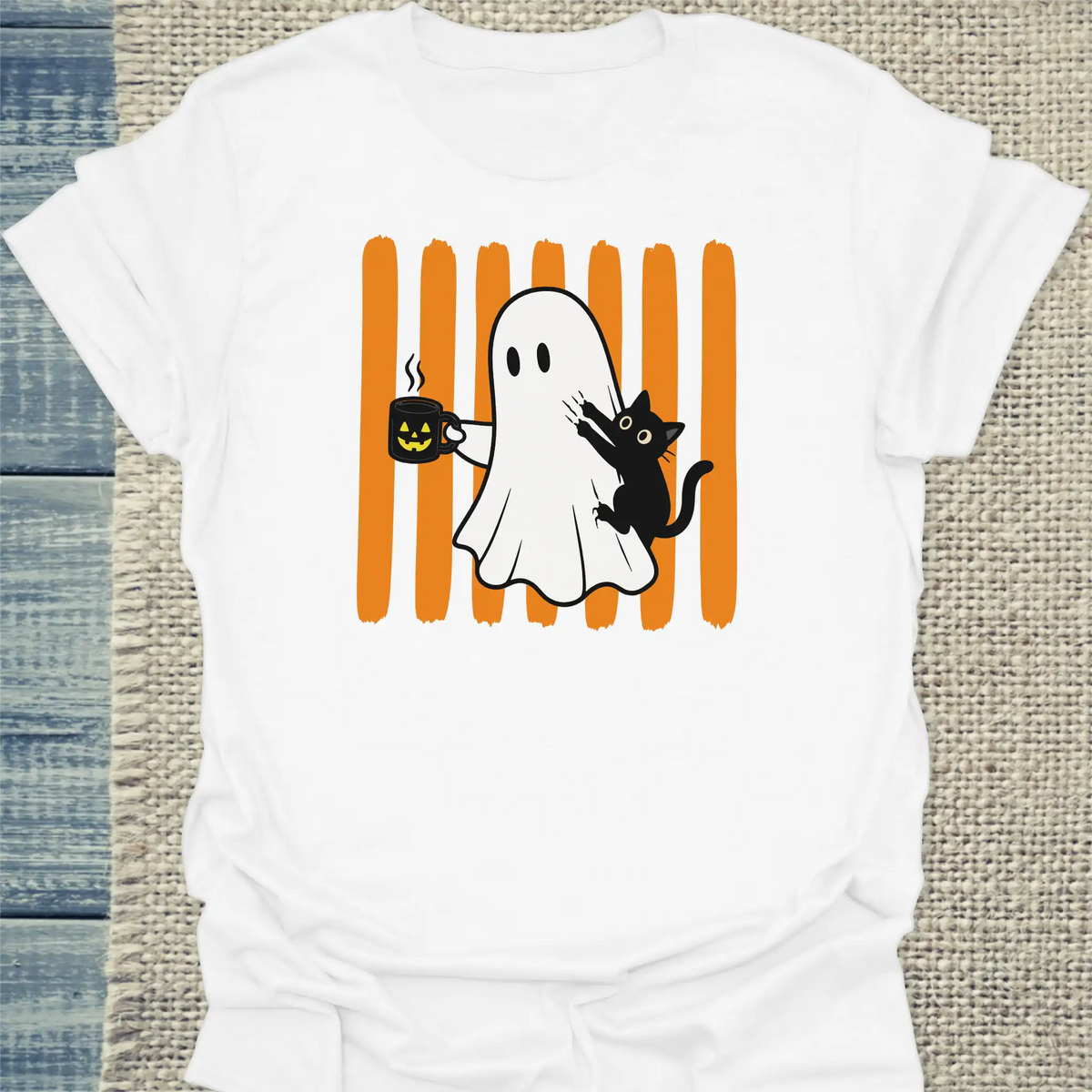 T-Shirt - Geist und Katze - Unisex - Katze & Kaffee, Halloween Weiß