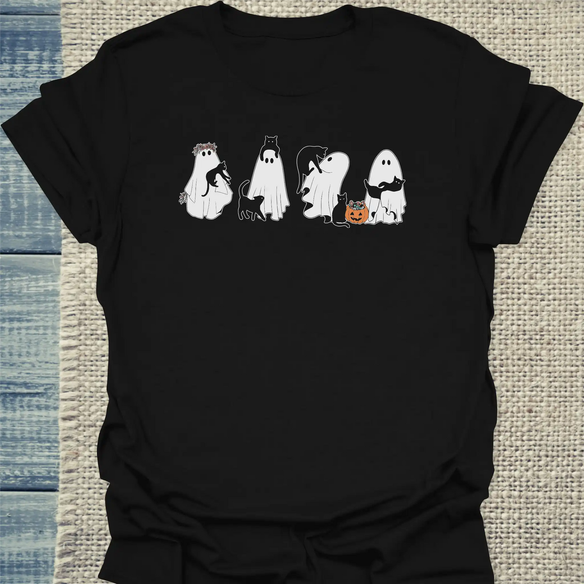 T-Shirt - Gespenster und Katzen - Unisex - Katze, Halloween Schwarz