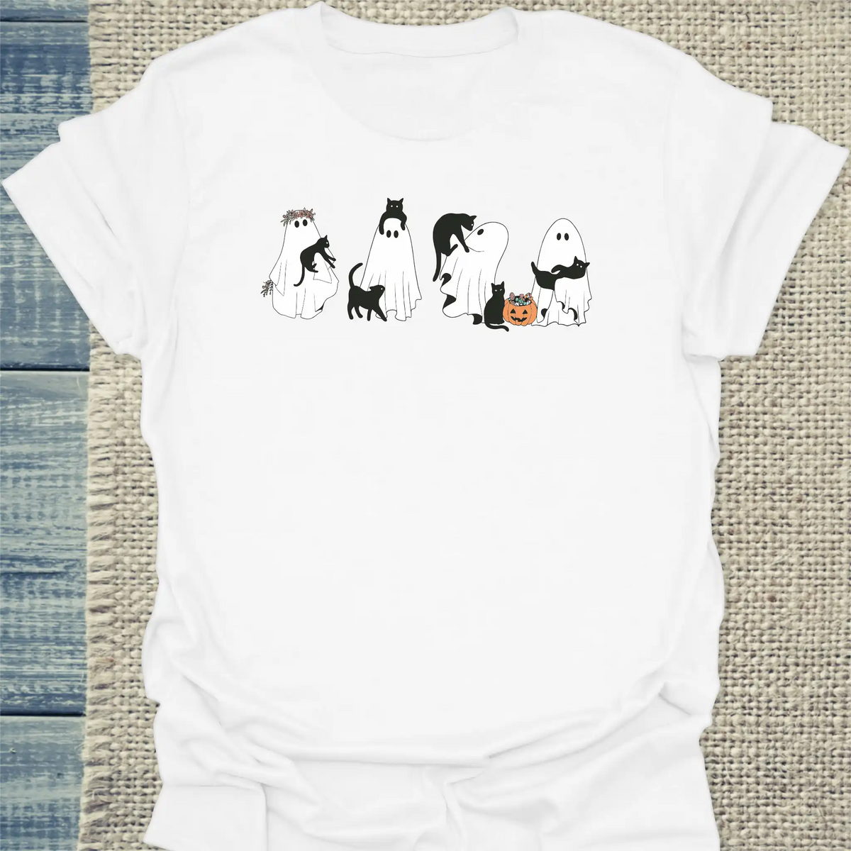 T-Shirt - Gespenster und Katzen - Unisex - Katze, Halloween Weiß