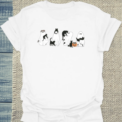 T-Shirt - Gespenster und Katzen - Unisex - Katze, Halloween Weiß
