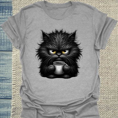 T-Shirt - Grantige Katze mit Kaffee - Unisex - Katze & Kaffee Grau