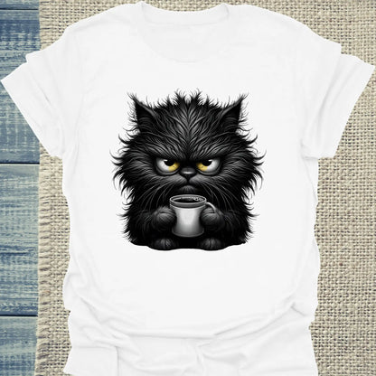 T-Shirt - Grantige Katze mit Kaffee - Unisex - Katze & Kaffee Weiß