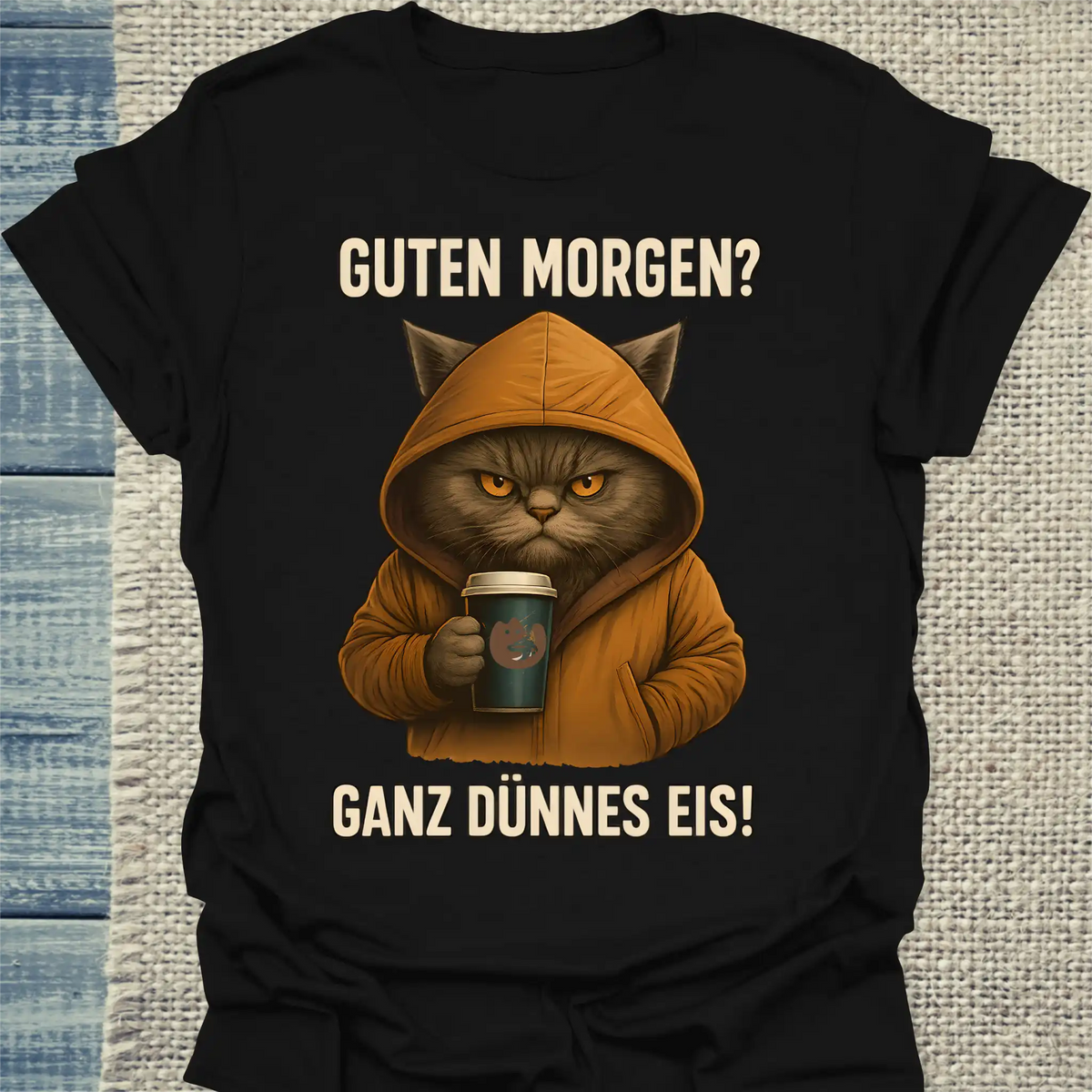 T-Shirt - Guten Morgen? Ganz dünnes Eis! - Unisex - Katze, Kaffee Schwarz