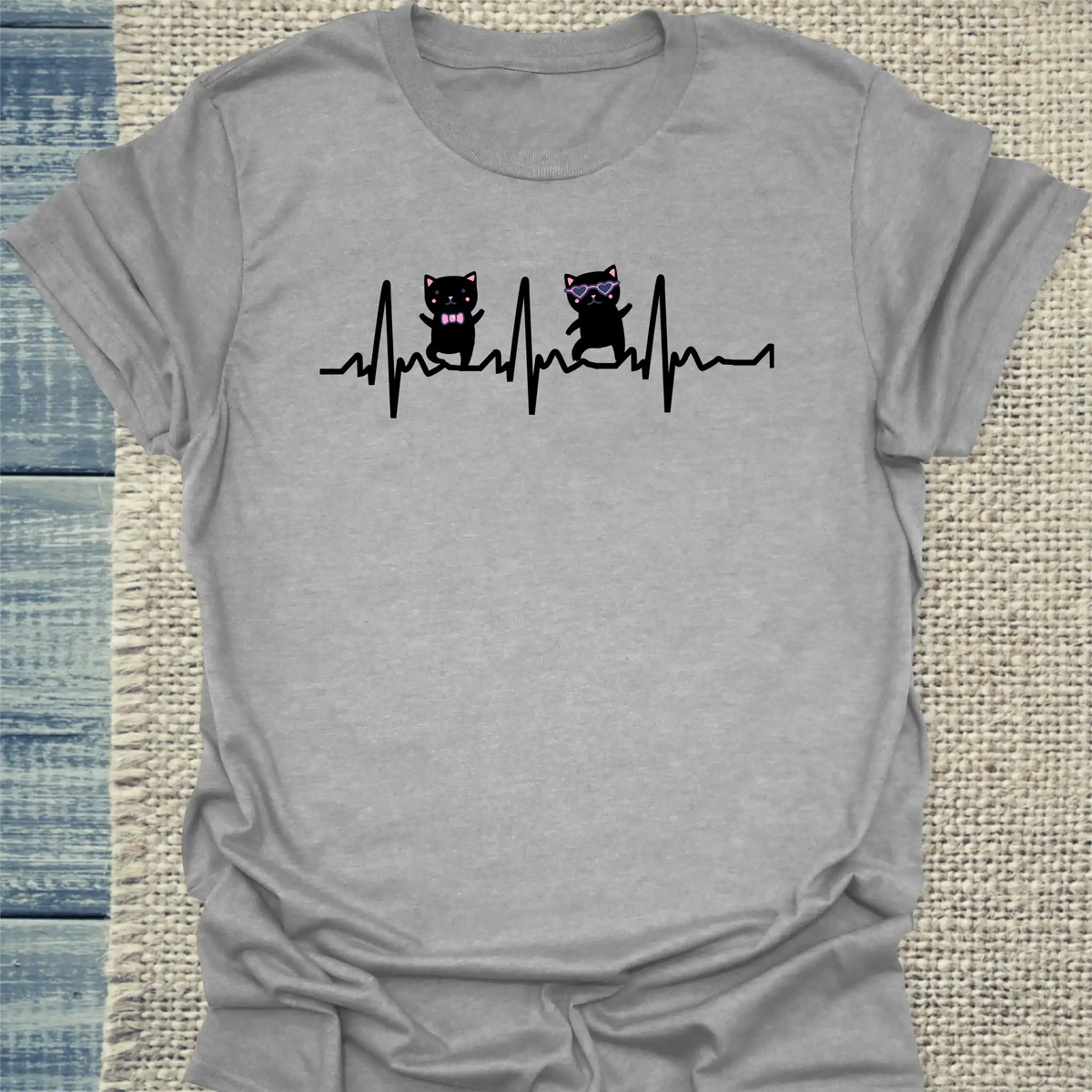 T-Shirt - Herr und Frau Katze Herzschlag - Unisex - Katze Grau