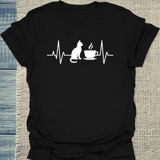 T-Shirt - Herzschlag für Katzen und Kaffee - Unisex - Katze, Kaffee Schwarz