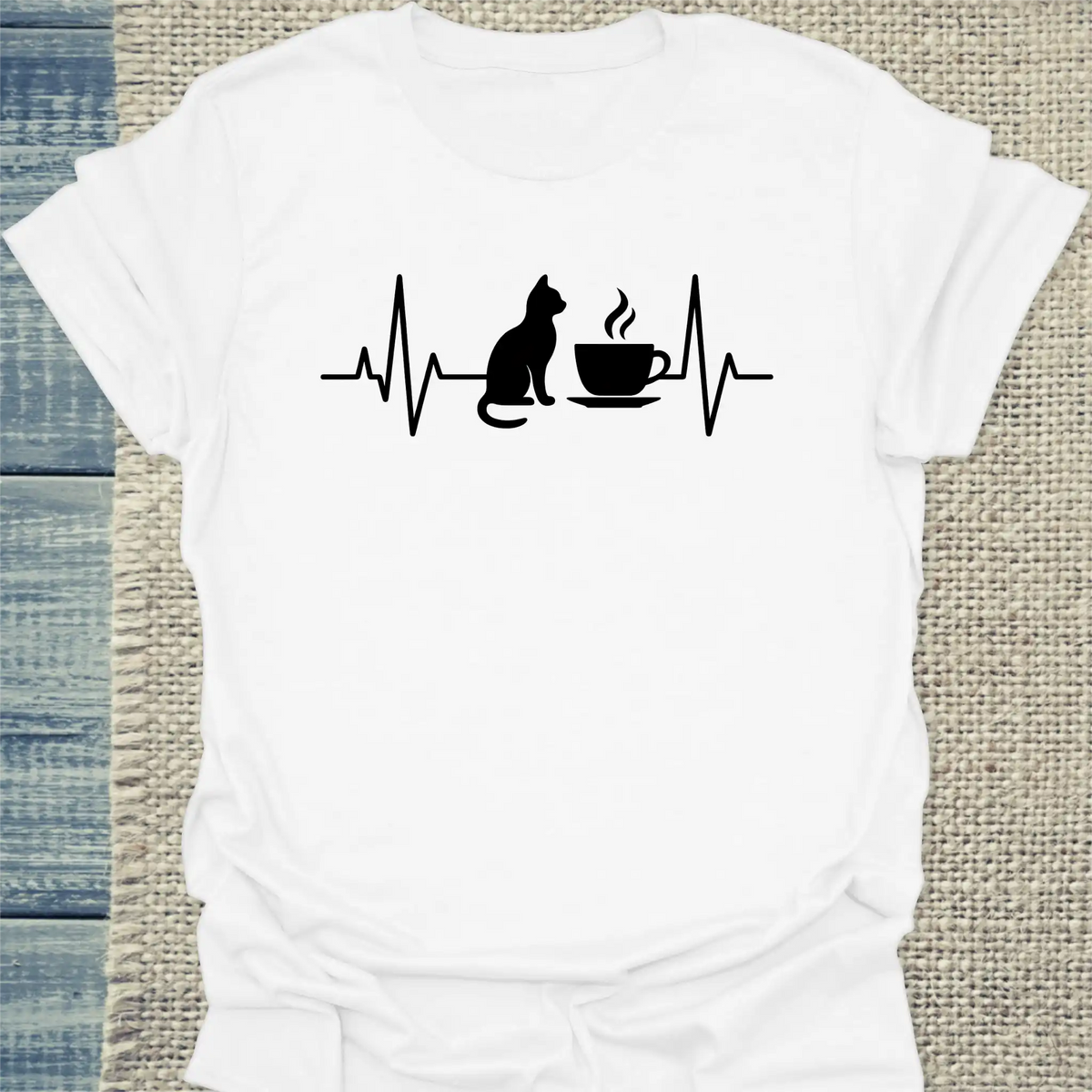 T-Shirt - Herzschlag für Katzen und Kaffee - Unisex - Katze, Kaffee Weiß