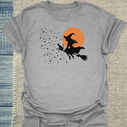 T-Shirt - Hexenflug - Unisex - Katze, Halloween Grau
