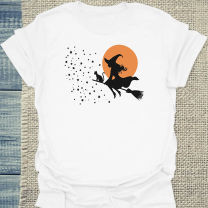 T-Shirt - Hexenflug - Unisex - Katze, Halloween Weiß