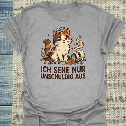 T-Shirt - Ich sehe nur unschuldig aus - Unisex - Katze & Kaffee Grau