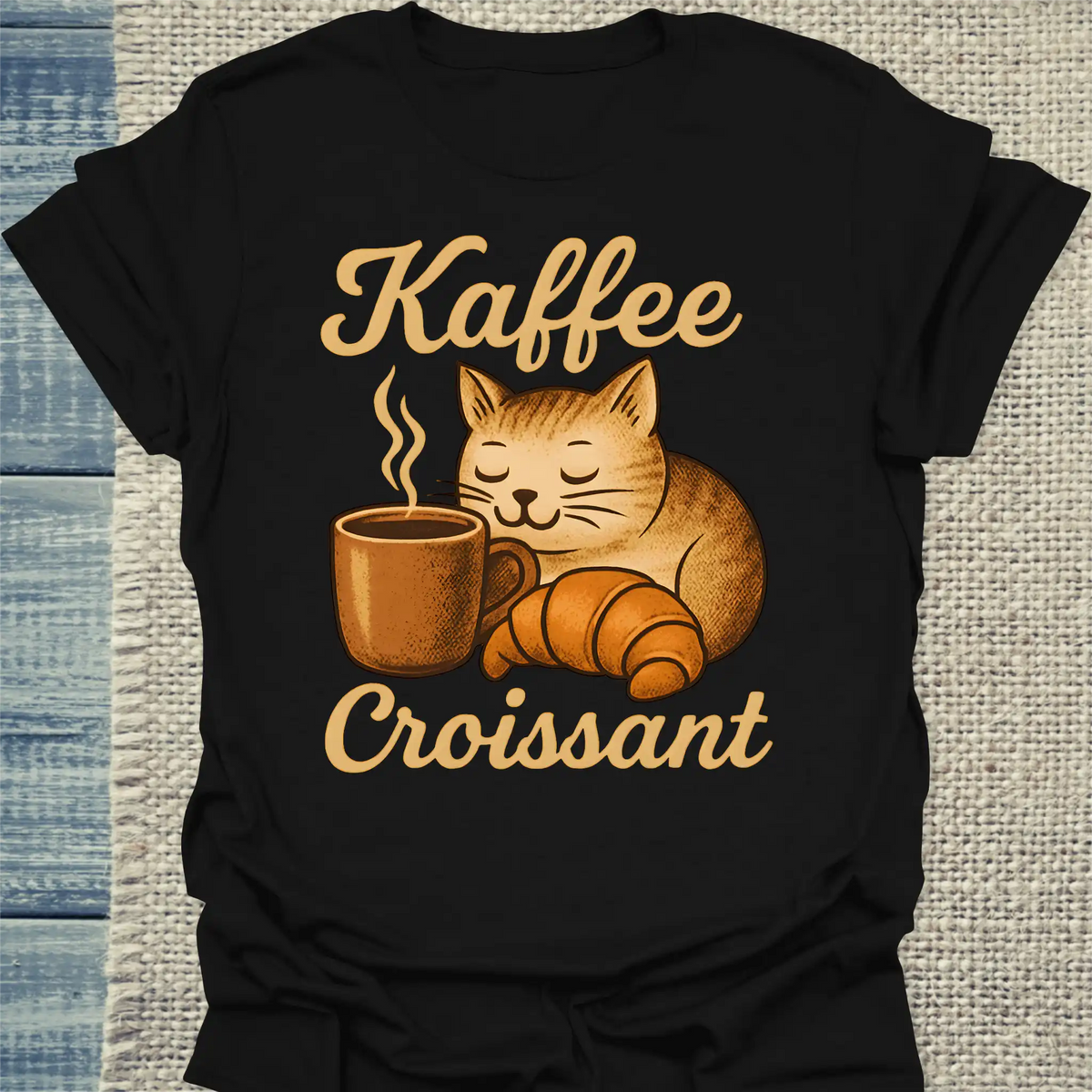 T-Shirt - Kaffee Croissant - Unisex - Katze, Kaffee Schwarz