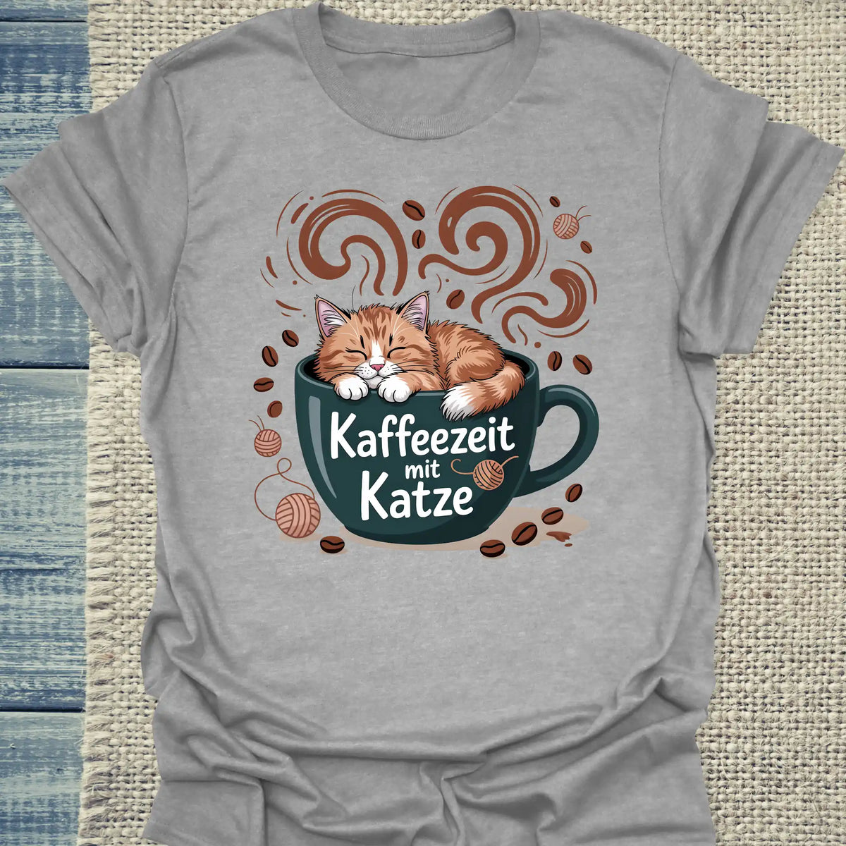 T-Shirt - Kaffeezeit mit Katze - Unisex - Katze & Kaffee Grau
