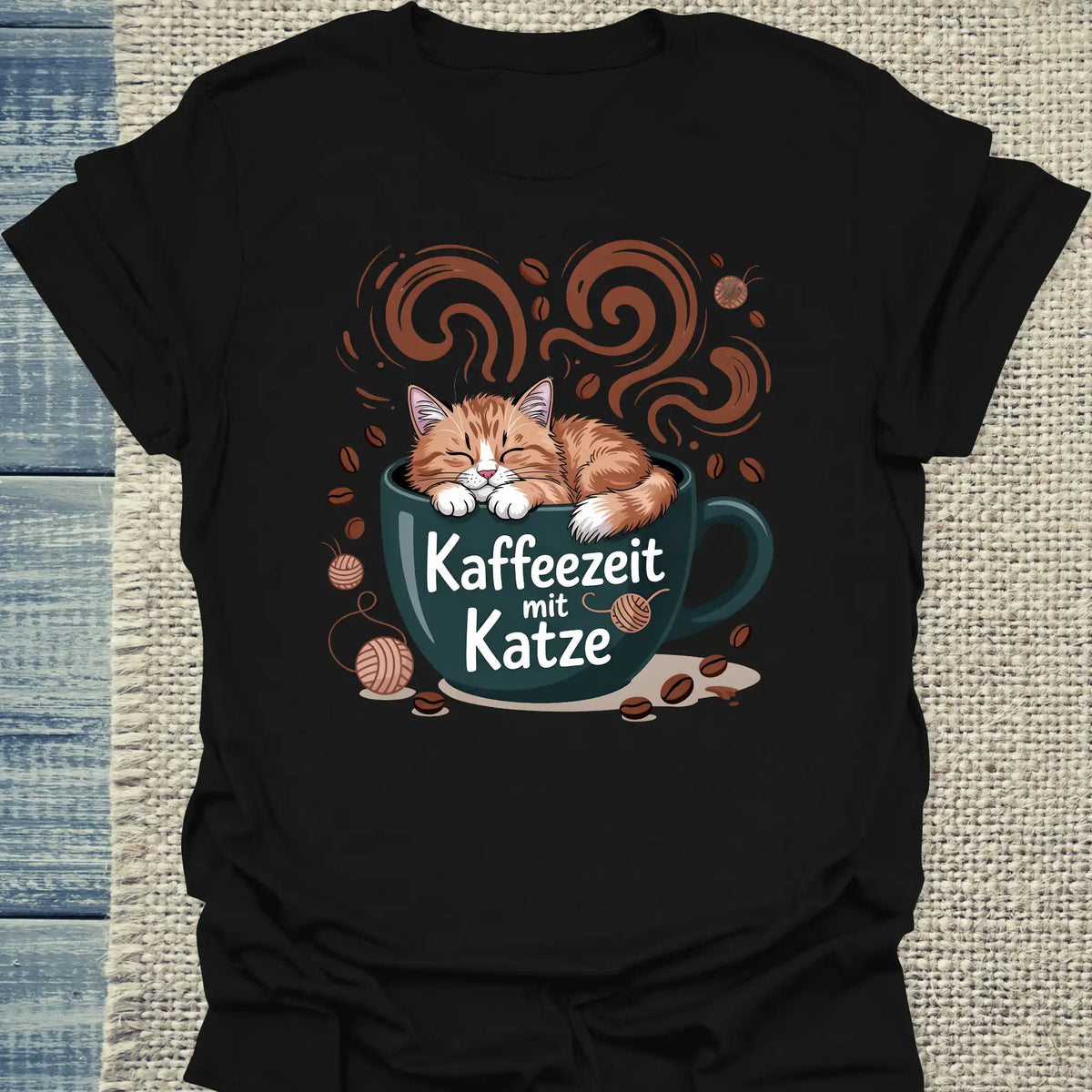 T-Shirt - Kaffeezeit mit Katze - Unisex - Katze & Kaffee Schwarz