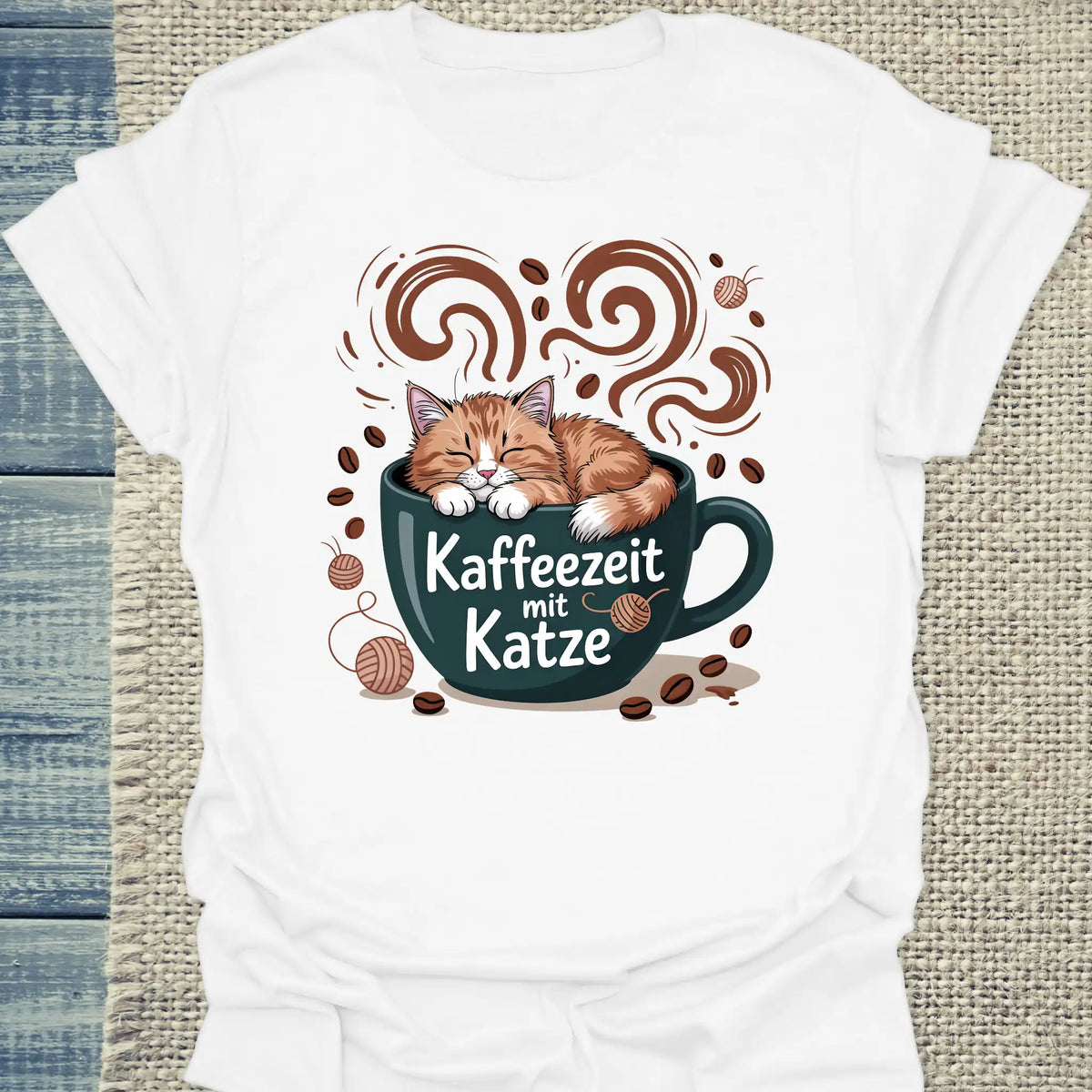 T-Shirt - Kaffeezeit mit Katze - Unisex - Katze & Kaffee Weiß