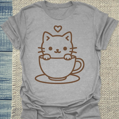 T-Shirt - Katze in Tasse - Unisex - Katze & Kaffee Grau