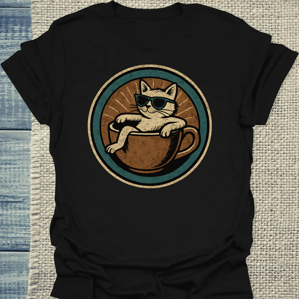 T-Shirt - Katze in Tasse - Rund - Unisex - Katze & Kaffee Schwarz