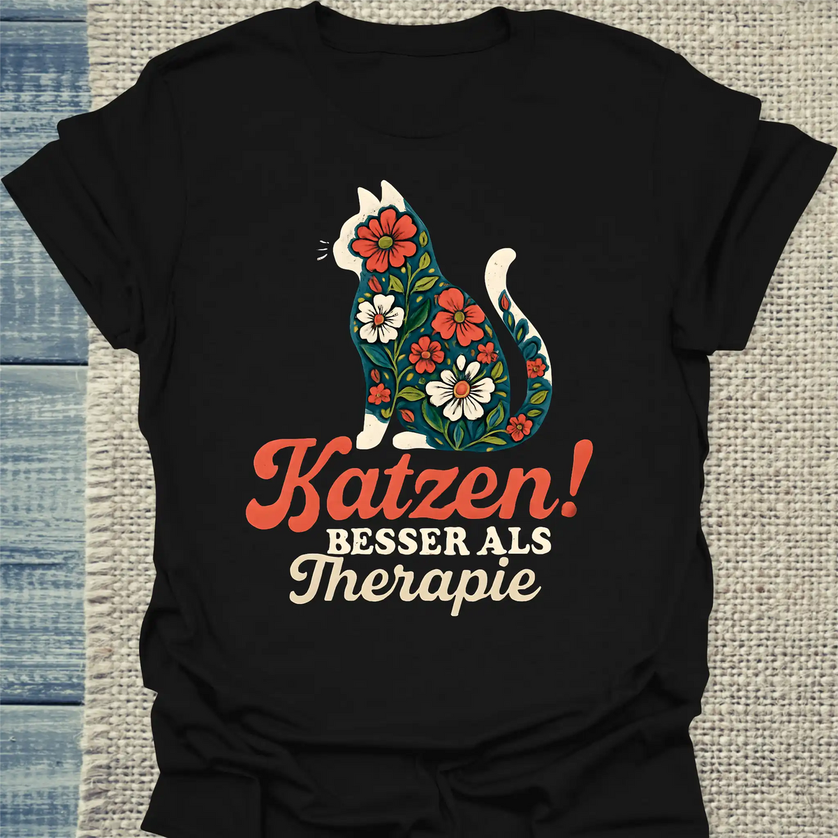 T-Shirt - Katzen! Besser als Therapie - Unisex - Katze Schwarz