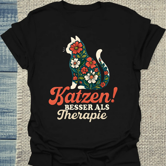 T-Shirt - Katzen! Besser als Therapie - Unisex - Katze Schwarz