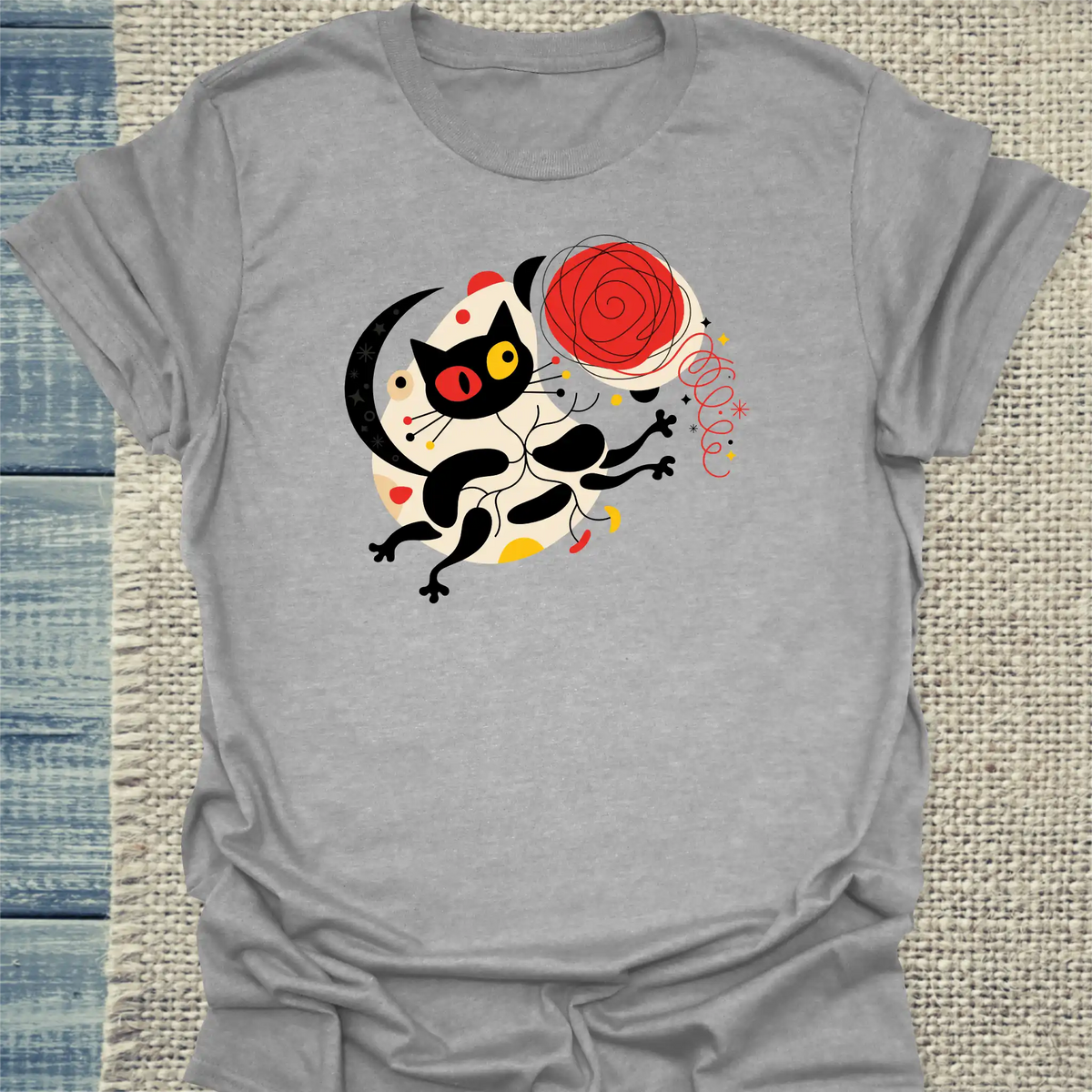 T-Shirt - Miro Chasing Yarn - Unisex - Katze & Kaffee, Kunst Grau