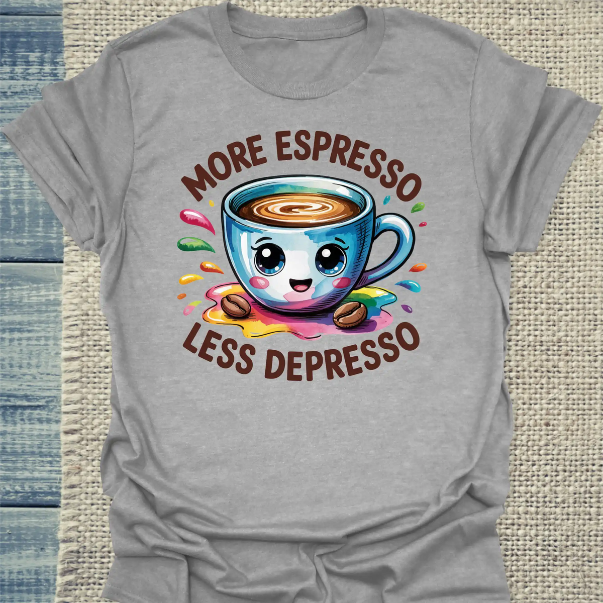T-Shirt - More Espresso Less Depresso - Bunt - Unisex - Kaffee Grau