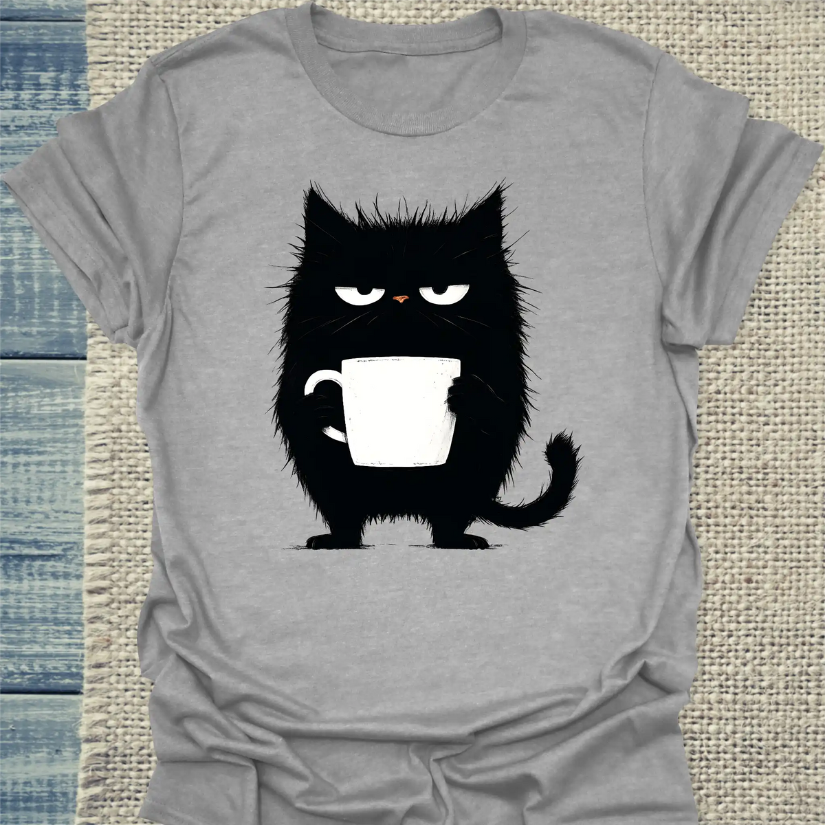T-Shirt - Mürrische Katze mit Kaffee - Unisex - Katze, Kaffee Grau
