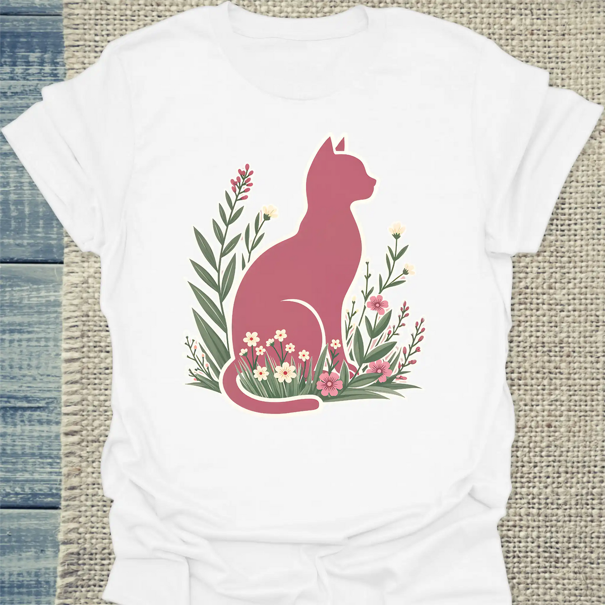 T-Shirt - Rosa Katze im Gras - Unisex - Katze Weiß