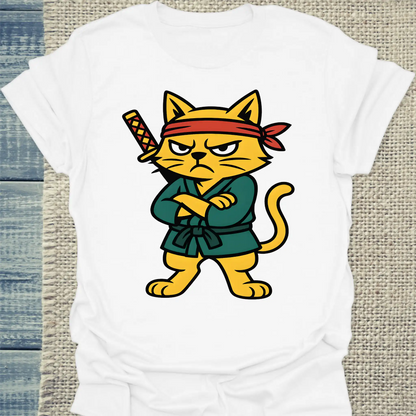 T-Shirt - Samurai Cat - Unisex - Katze Weiß