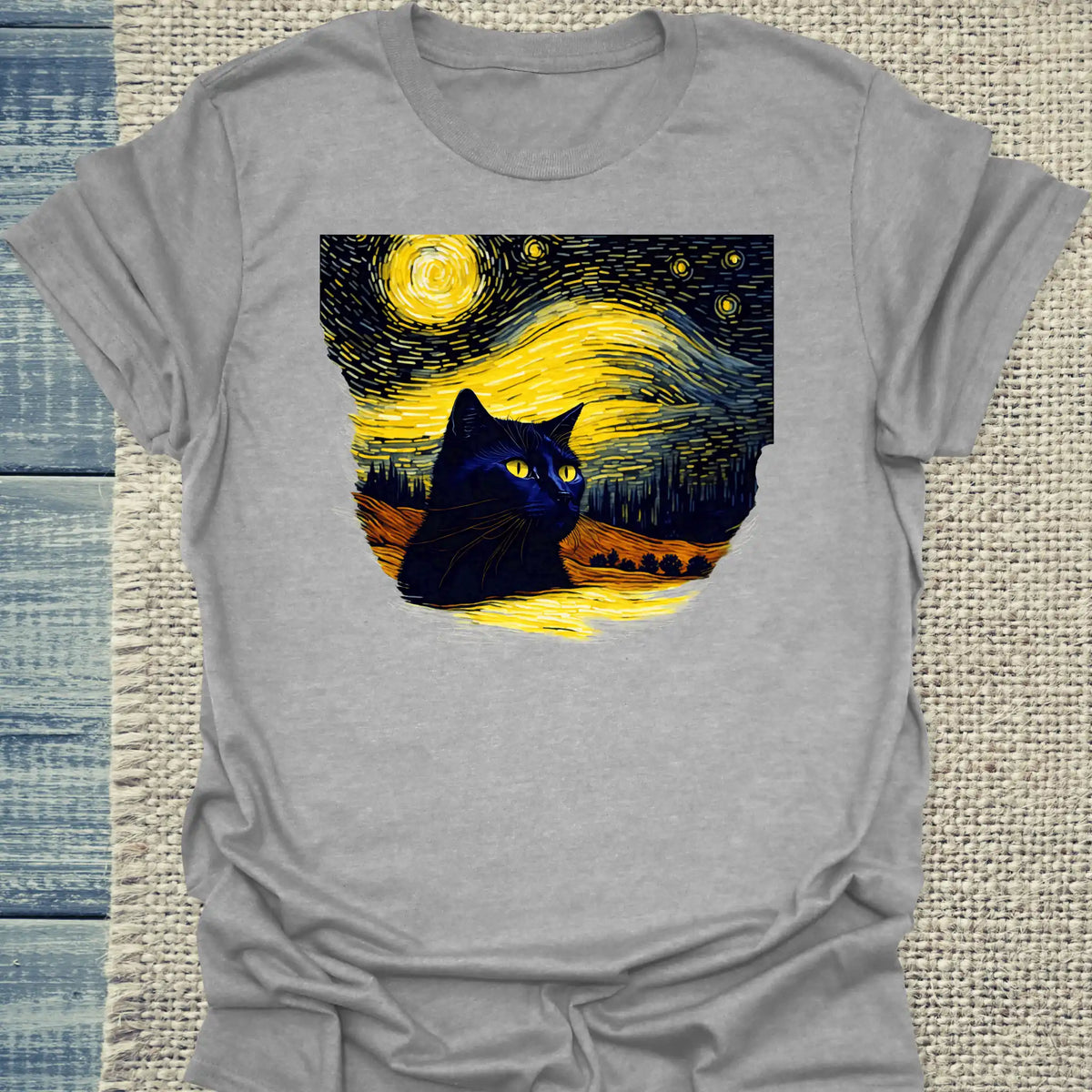 T-Shirt - Schwarze Katze im Abendhimmel - Unisex - Katze Grau