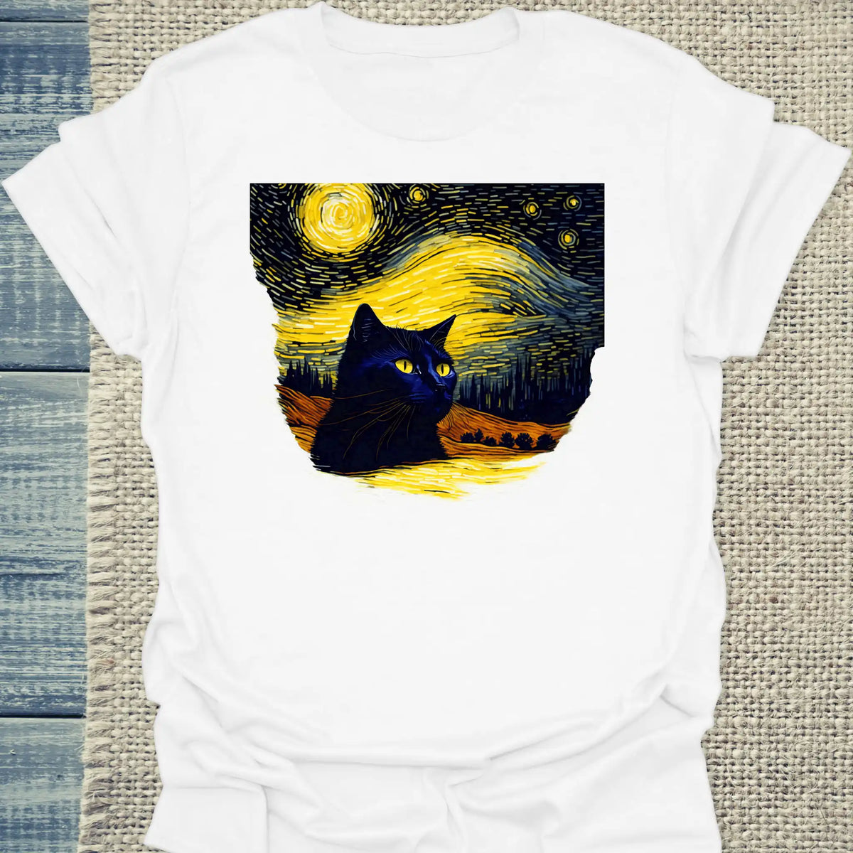T-Shirt - Schwarze Katze im Abendhimmel - Unisex - Katze Weiß
