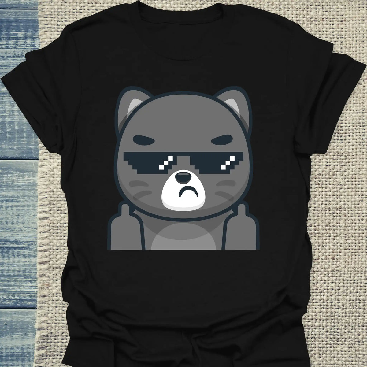 T-Shirt - Schwarze Katze mit Brille Mittelfinger - Unisex - Katze Schwarz