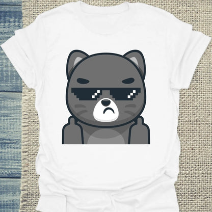 T-Shirt - Schwarze Katze mit Brille Mittelfinger - Unisex - Katze Weiß