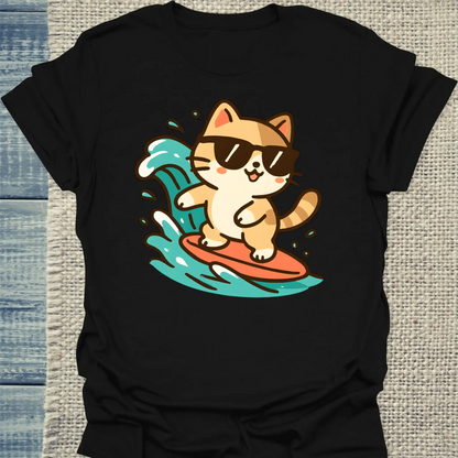 T-Shirt - Sommer, Katze, Surfen - Unisex - Katze Schwarz