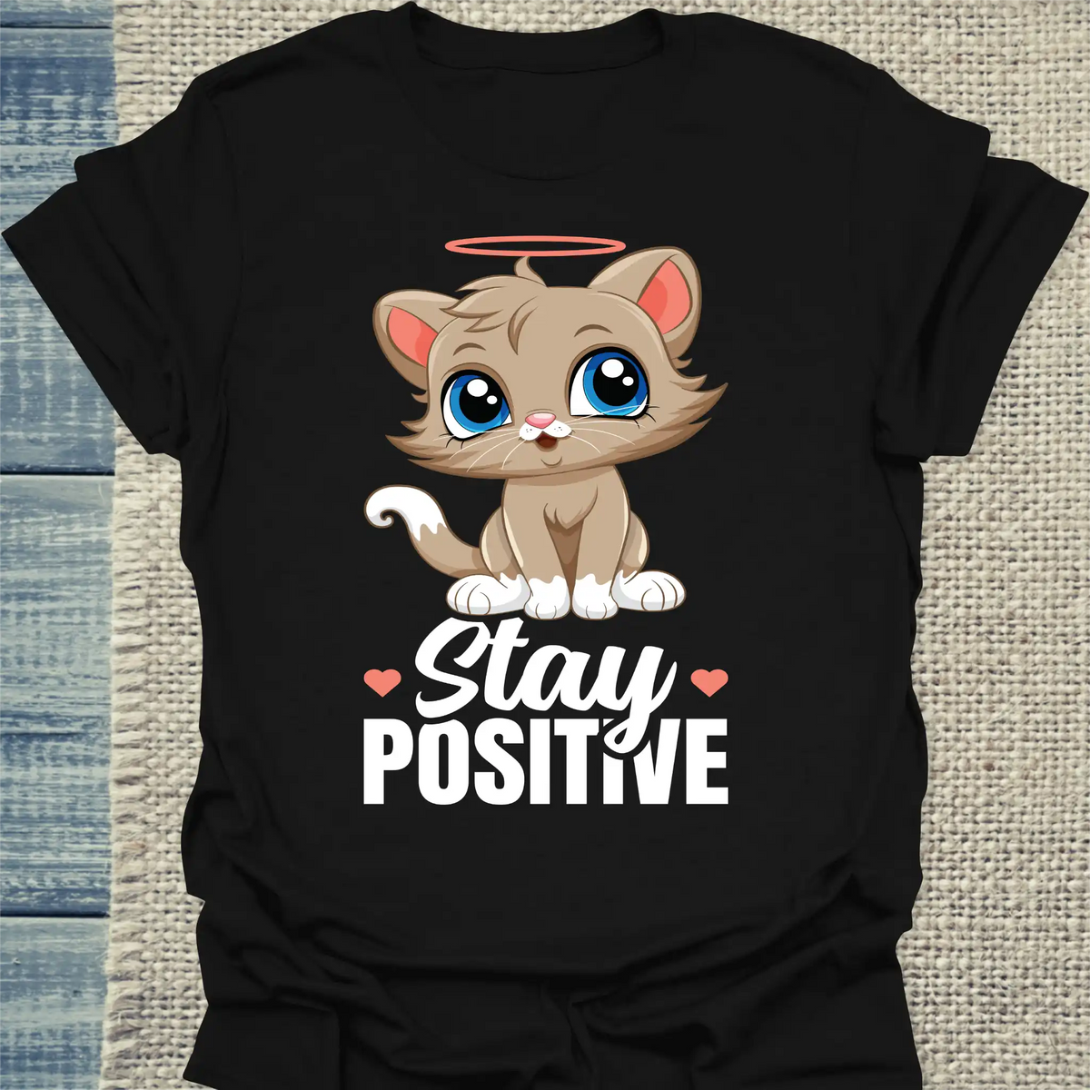 T-Shirt - Stay Positive - Unisex - Katze Schwarz