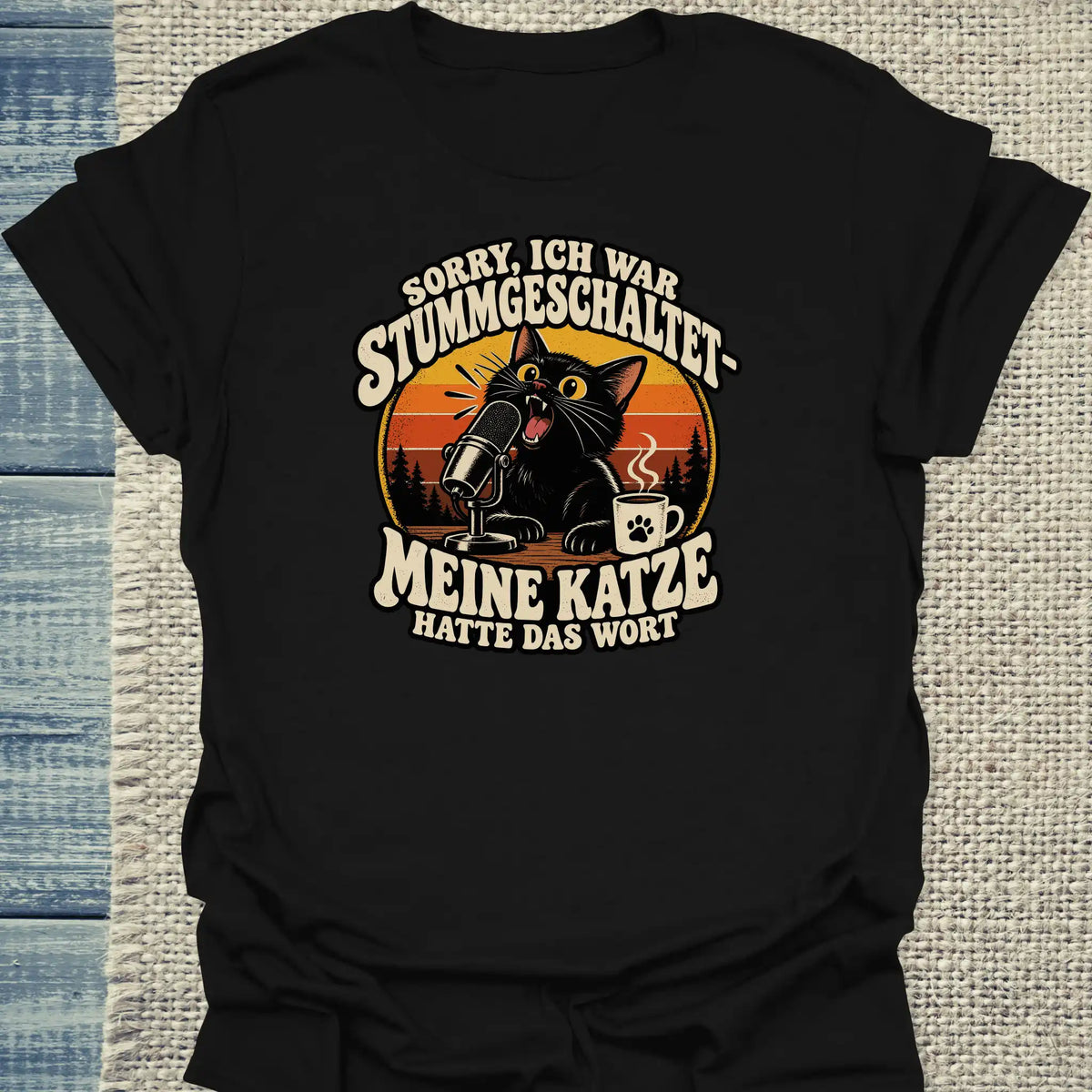 T-Shirt - Stummgeschaltet - Unisex - Katze & Kaffee Schwarz