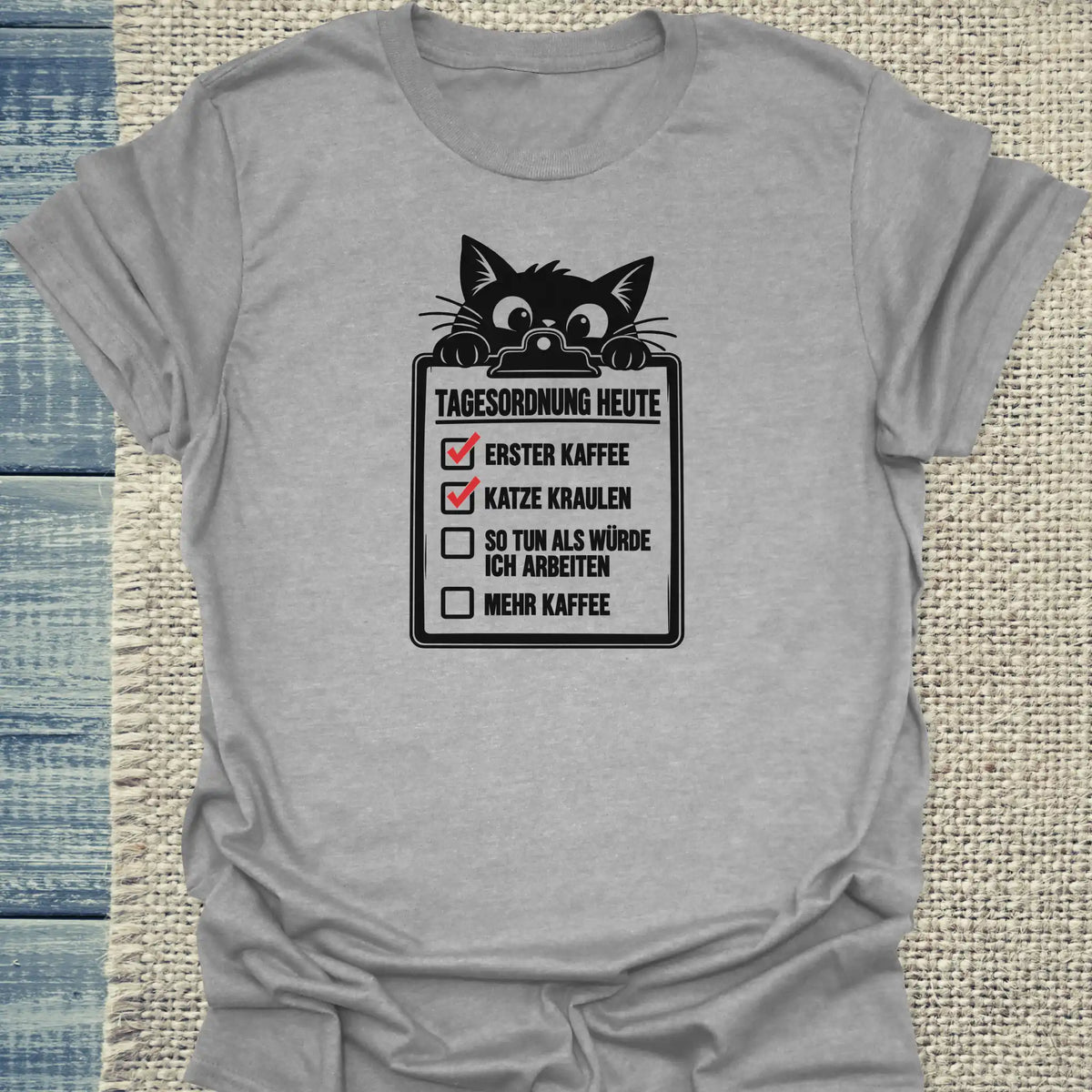 T-Shirt - Tagesordnung heute - Unisex - Katze & Kaffee Grau