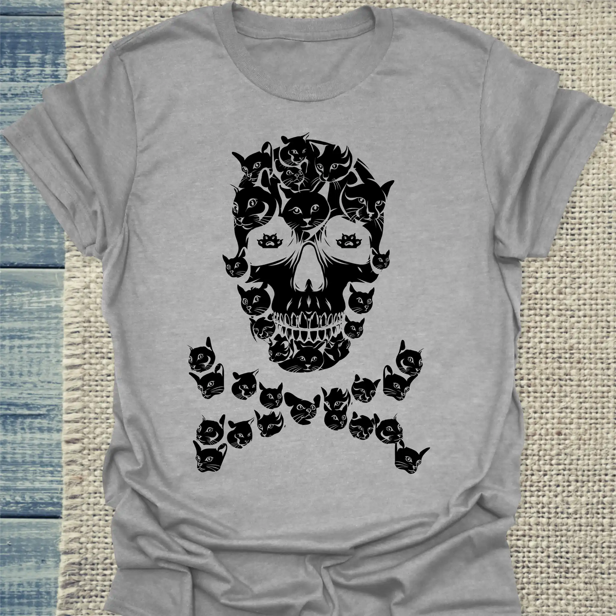 T-Shirt - Totenkopf Katze - Unisex - Katze Grau