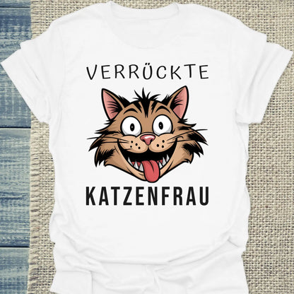 T-Shirt - Verrückte Katzenfrau - Unisex - Kaffee, Cat Lady Weiß